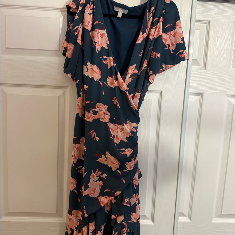 Chelsea28 Navy Midi Wrap Dress with Pink Floral Print